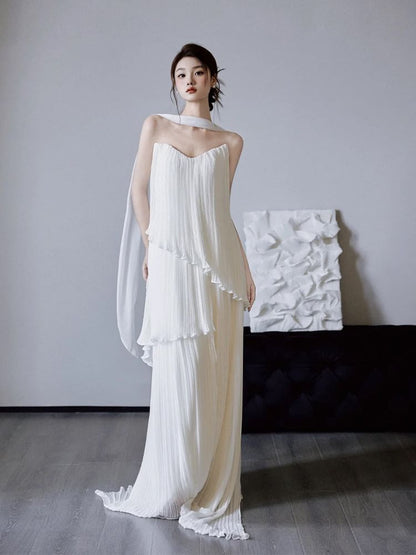 Strapless Ruffle Hem Accordion Pleat A-Line Wedding Gown