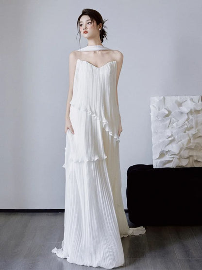 Strapless Ruffle Hem Accordion Pleat A-Line Wedding Gown