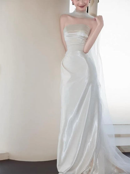 Strapless Mesh Overlay A-Line Wedding Gown