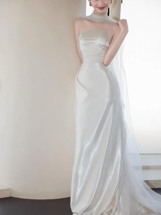Strapless Mesh Overlay A-Line Wedding Gown