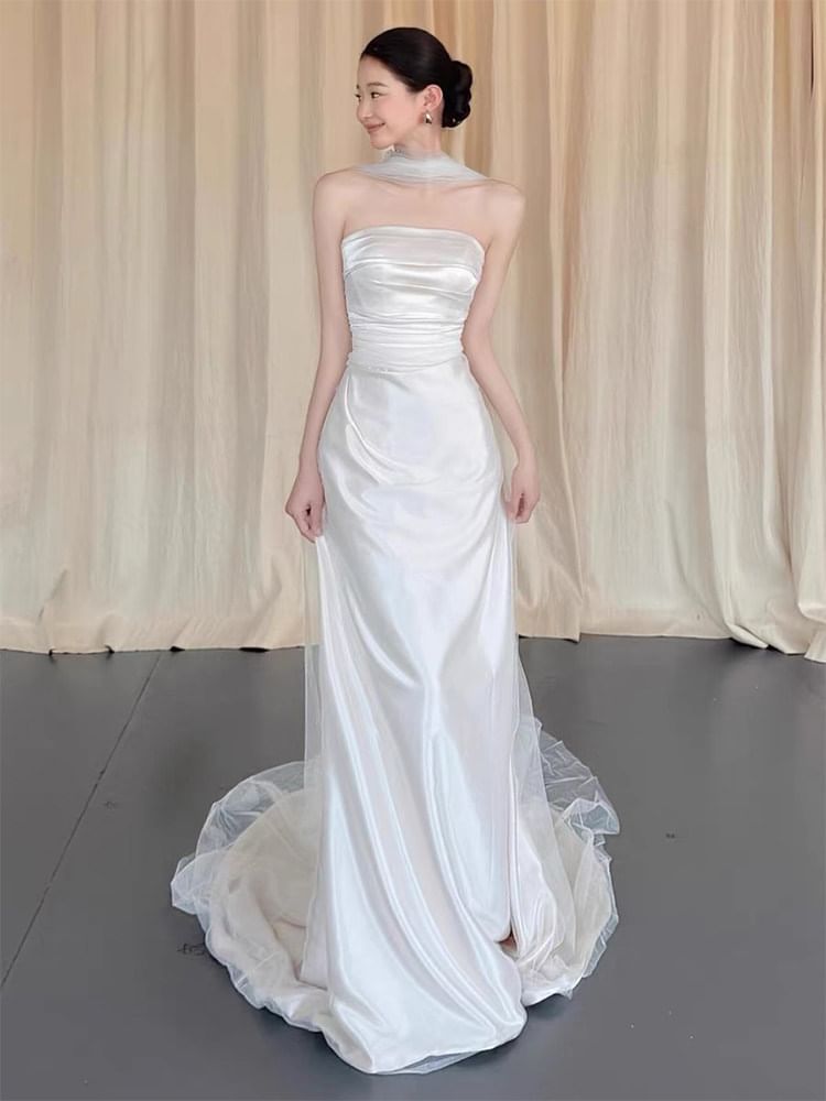 Strapless Mesh Overlay A-Line Wedding Gown