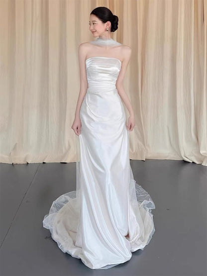 Strapless Mesh Overlay A-Line Wedding Gown