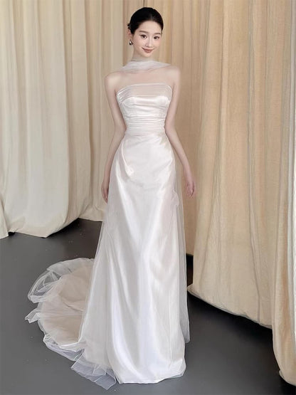 Strapless Mesh Overlay A-Line Wedding Gown