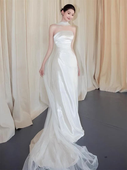 Strapless Mesh Overlay A-Line Wedding Gown