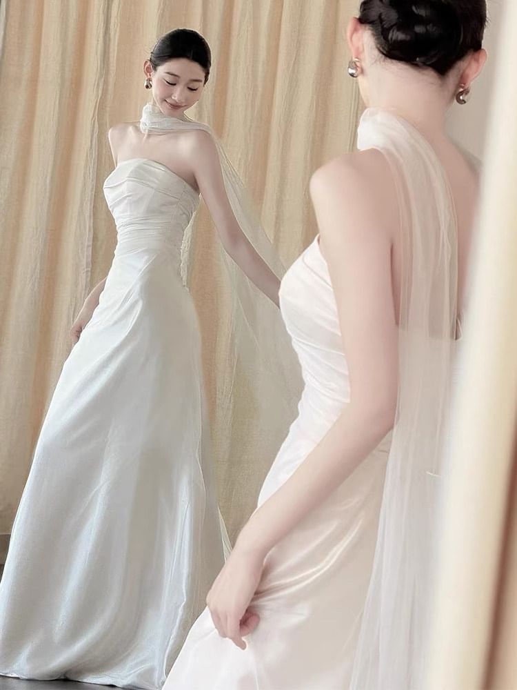 Strapless Mesh Overlay A-Line Wedding Gown