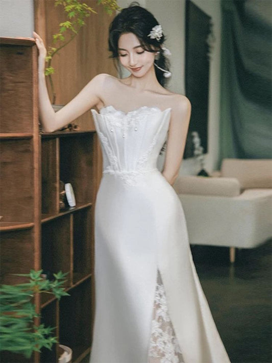 Strapless Lace Panel Fishbone Satin A-Line Wedding Gown