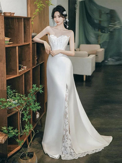 Strapless Lace Panel Fishbone Satin A-Line Wedding Gown