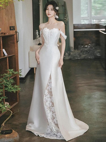 Strapless Lace Panel Fishbone Satin A-Line Wedding Gown