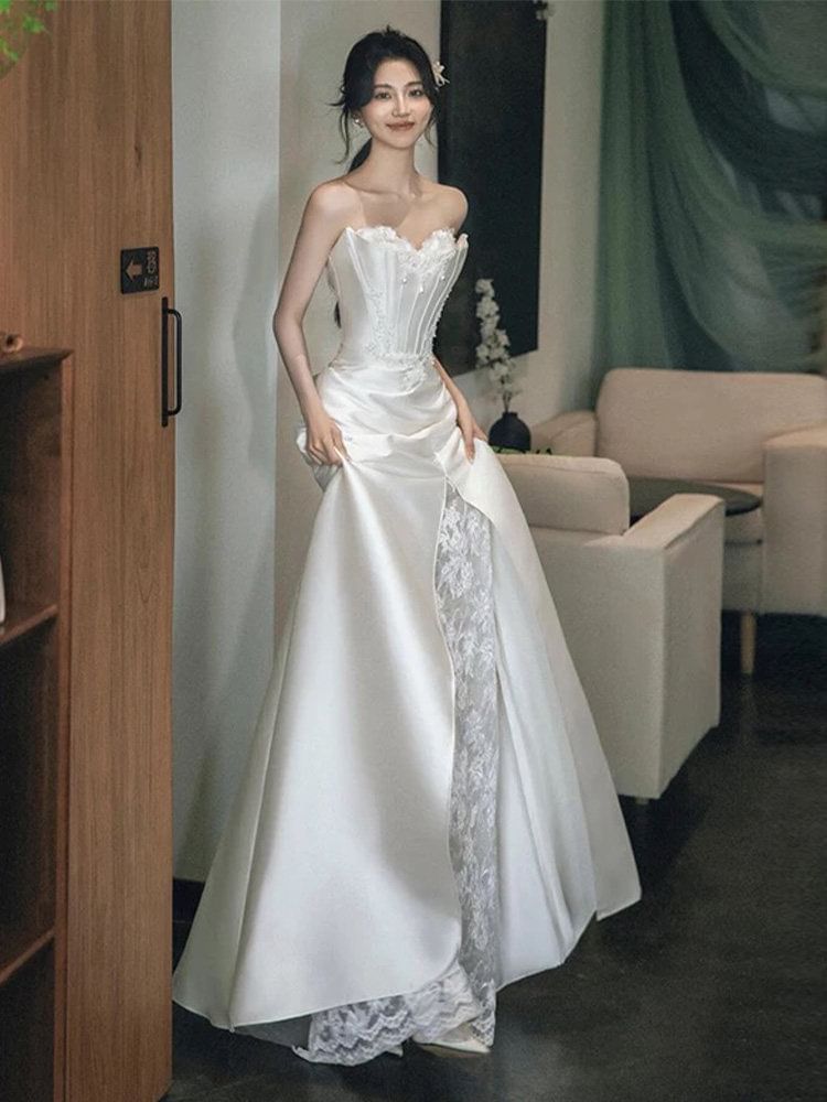 Strapless Lace Panel Fishbone Satin A-Line Wedding Gown
