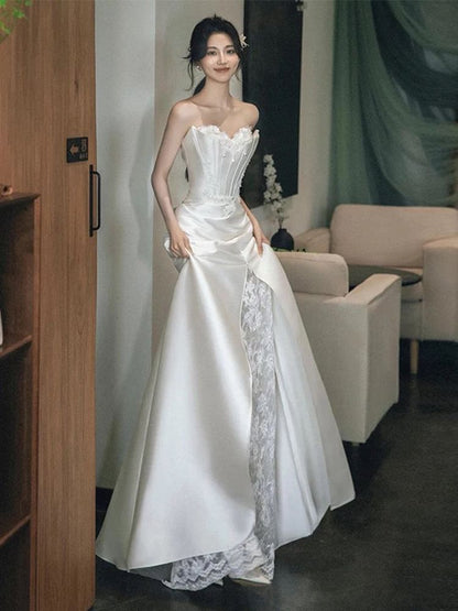 Strapless Lace Panel Fishbone Satin A-Line Wedding Gown