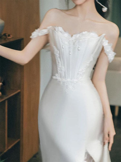 Strapless Lace Panel Fishbone Satin A-Line Wedding Gown