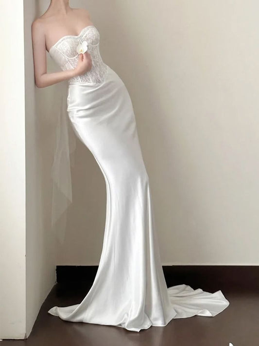 Strapless Lace Panel Fishbone Mermaid Wedding Gown