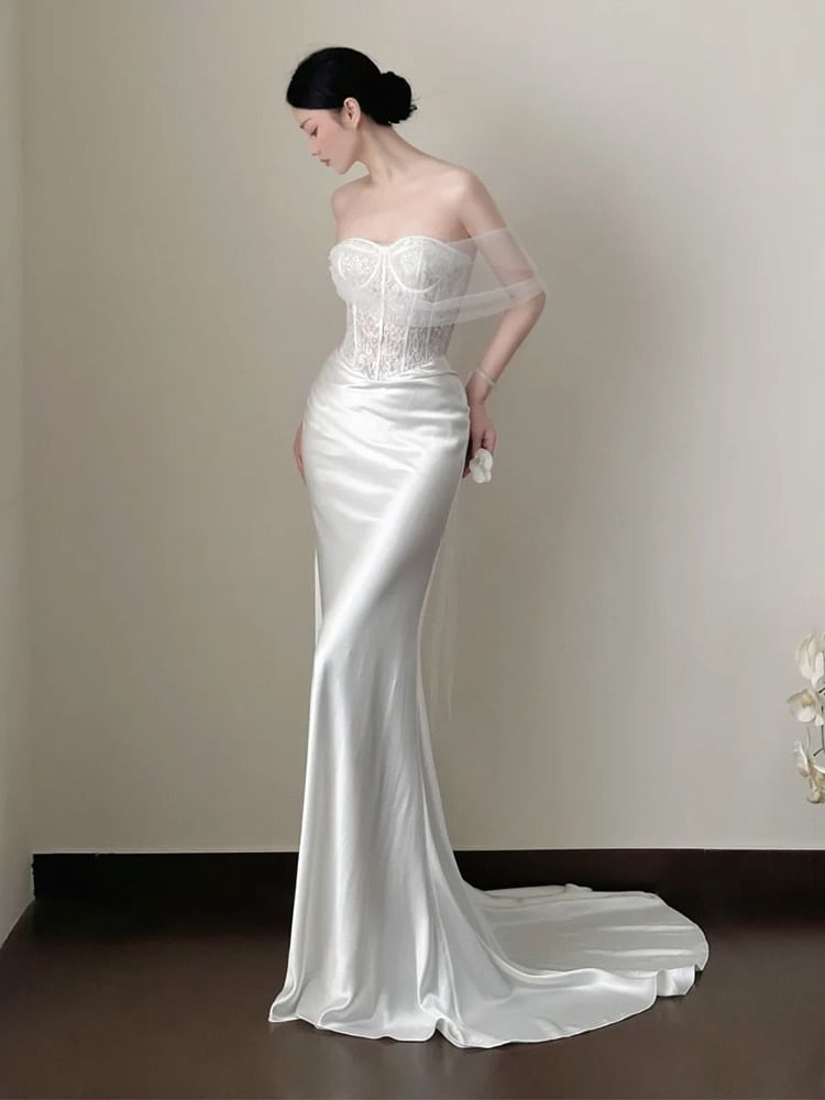 Strapless Lace Panel Fishbone Mermaid Wedding Gown