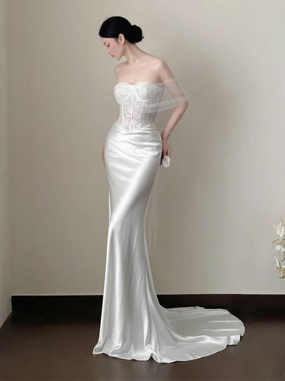 Strapless Lace Panel Fishbone Mermaid Wedding Gown