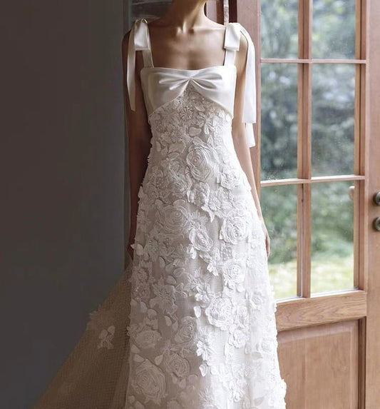 Tie-Shoulder Bow A-Line Lace Wedding Gown