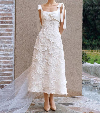 Tie-Shoulder Bow A-Line Lace Wedding Gown