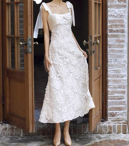 Tie-Shoulder Bow A-Line Lace Wedding Gown