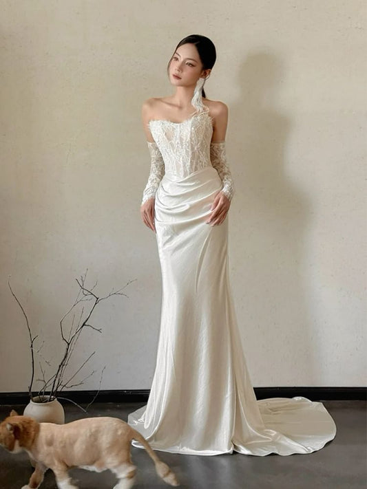 Off-Shoulder Long-Sleeve Lace Panel Shirred Mermaid Evening Gown