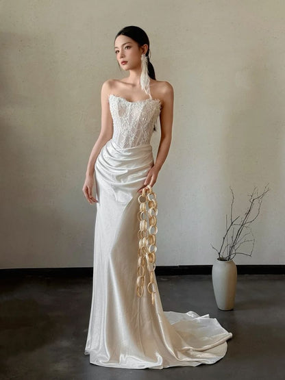 Off-Shoulder Long-Sleeve Lace Panel Shirred Mermaid Evening Gown