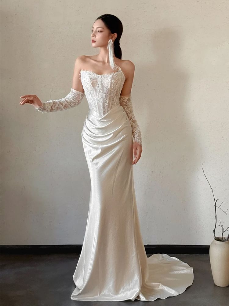 Off-Shoulder Long-Sleeve Lace Panel Shirred Mermaid Evening Gown