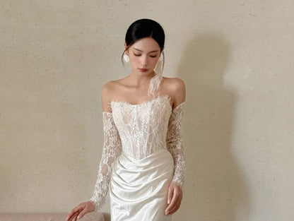 Off-Shoulder Long-Sleeve Lace Panel Shirred Mermaid Evening Gown