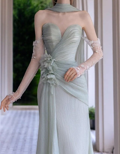 Off-Shoulder Plain Floral Shirred A-Line Evening Gown