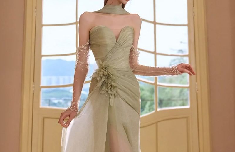 Off-Shoulder Plain Floral Shirred A-Line Evening Gown