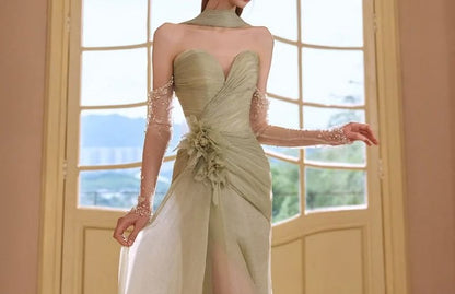 Off-Shoulder Plain Floral Shirred A-Line Evening Gown