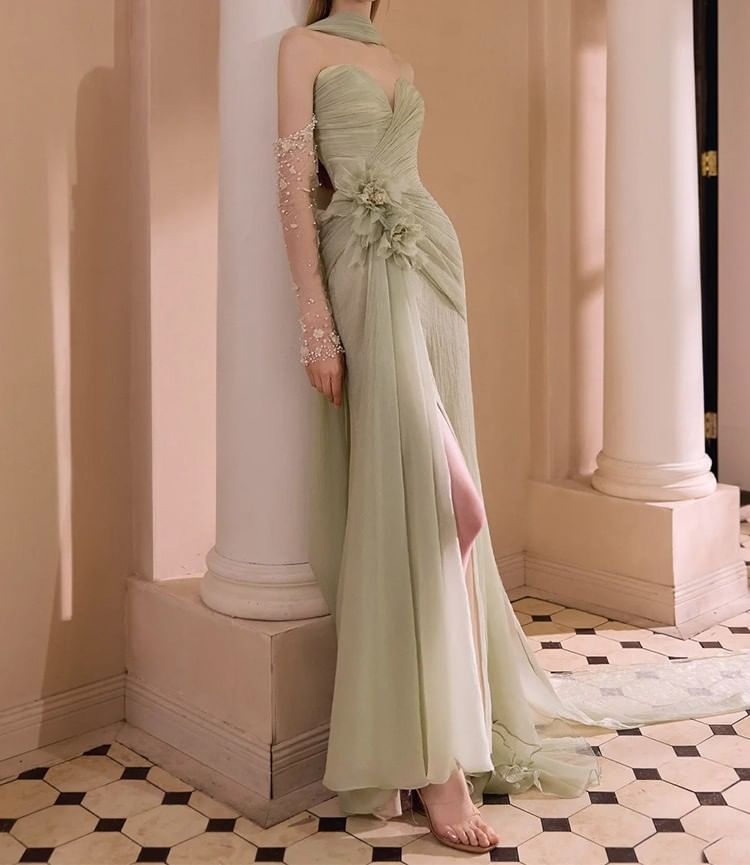 Off-Shoulder Plain Floral Shirred A-Line Evening Gown