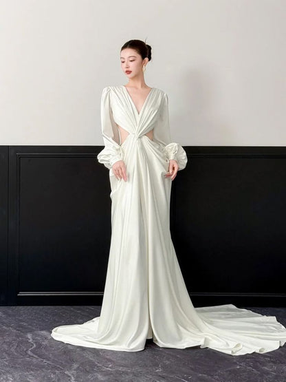 Puff-Sleeve V-Neck Plain Knotted Slit A-Line Evening Gown
