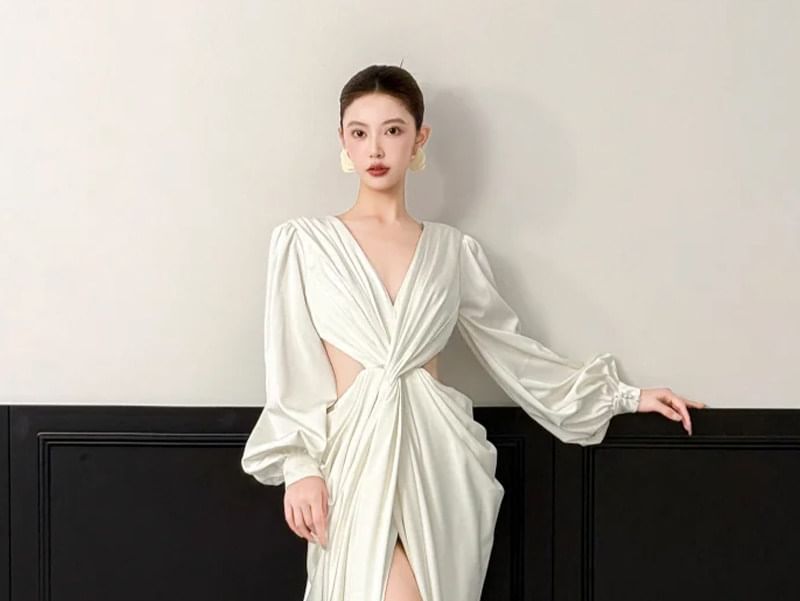Puff-Sleeve V-Neck Plain Knotted Slit A-Line Evening Gown