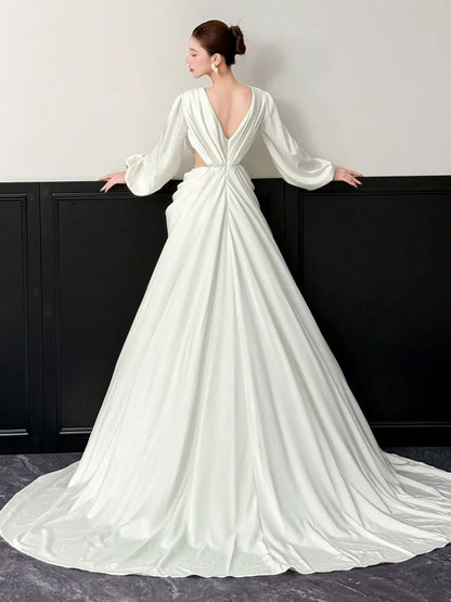 Puff-Sleeve V-Neck Plain Knotted Slit A-Line Evening Gown