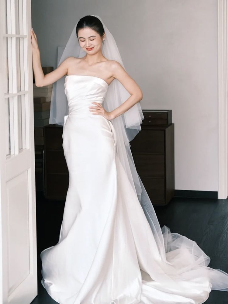 Strapless Shirred Mermaid Satin Wedding Gown