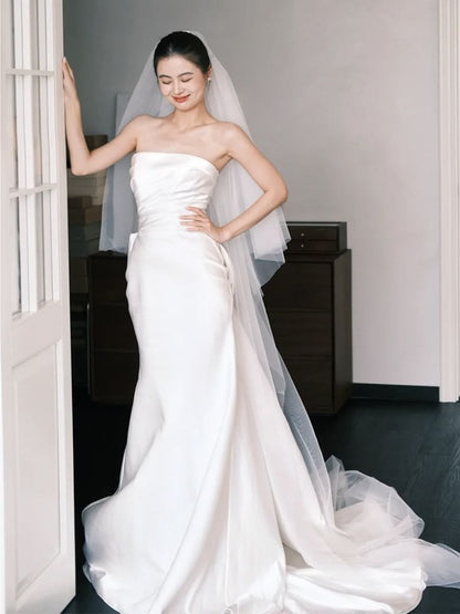 Strapless Shirred Mermaid Satin Wedding Gown