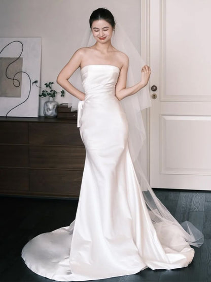 Strapless Shirred Mermaid Satin Wedding Gown