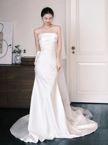 Strapless Shirred Mermaid Satin Wedding Gown