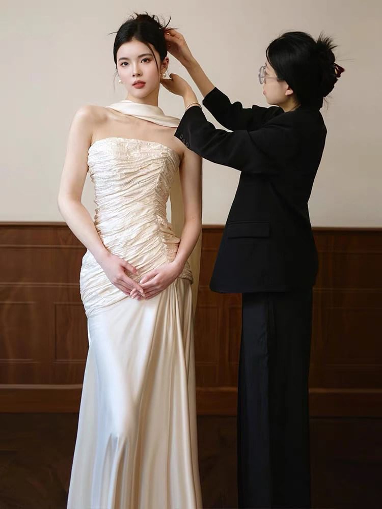 Strapless Shirred Mermaid Wedding Gown