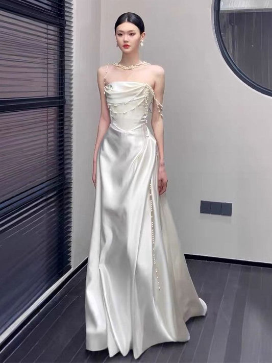 Strapless Faux Pearl Strap A-Line Evening Gown