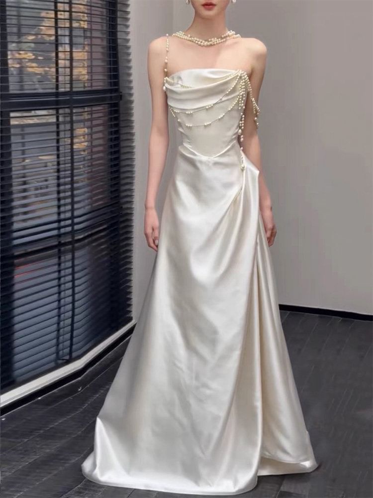 Strapless Faux Pearl Strap A-Line Evening Gown