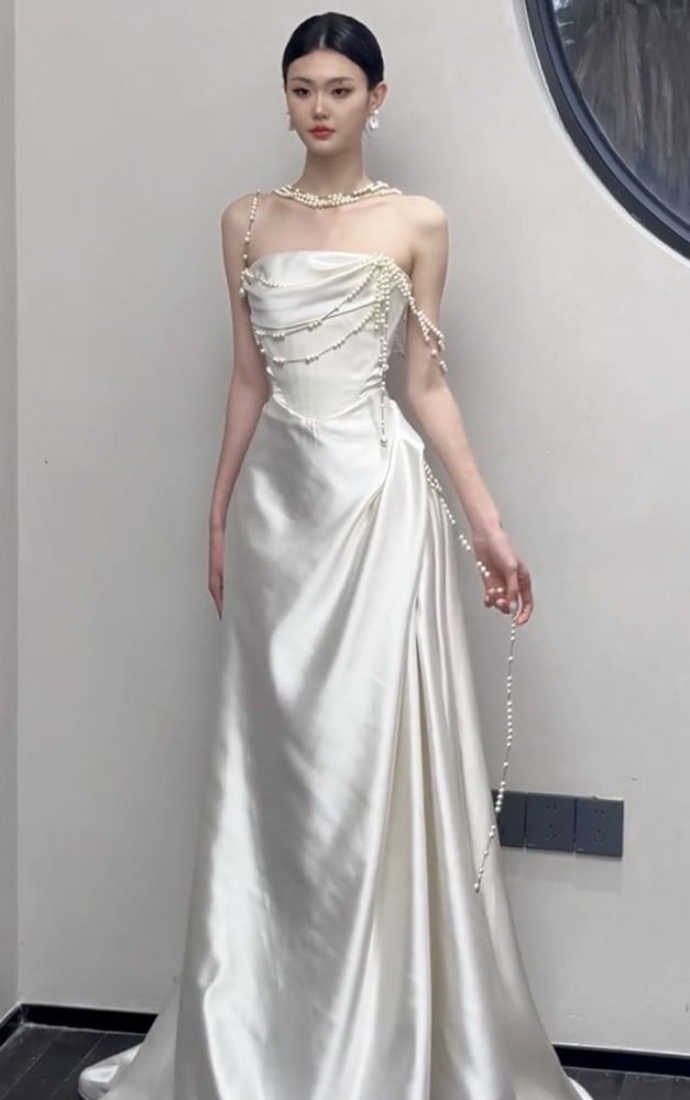 Strapless Faux Pearl Strap A-Line Evening Gown