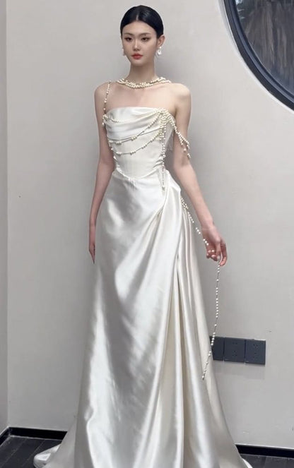 Strapless Faux Pearl Strap A-Line Evening Gown