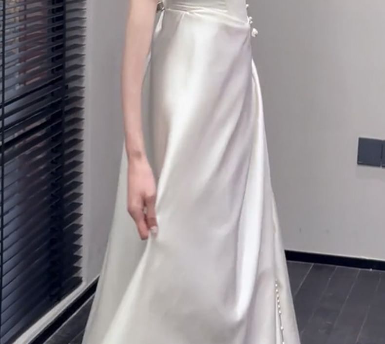 Strapless Faux Pearl Strap A-Line Evening Gown