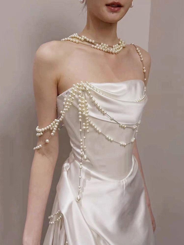 Strapless Faux Pearl Strap A-Line Evening Gown