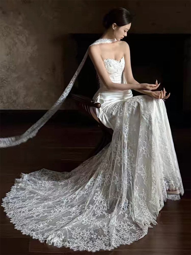 Strapless Shirred A-Line Lace Wedding Gown