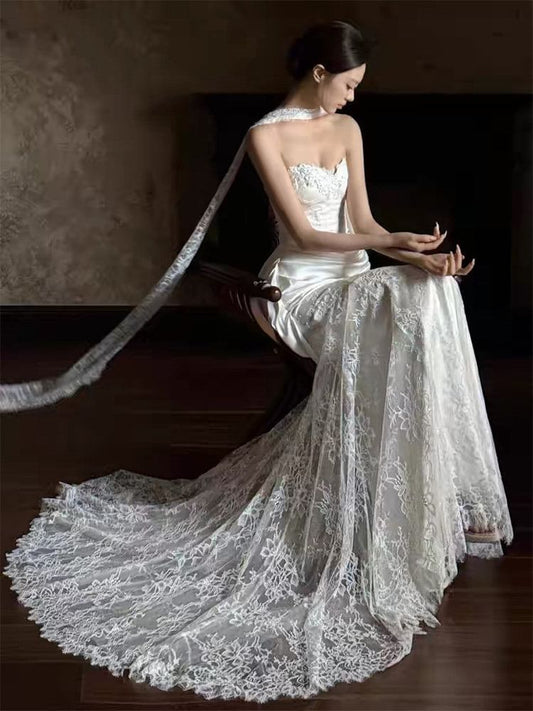 Strapless Shirred A-Line Lace Wedding Gown