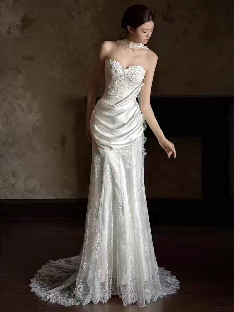 Strapless Shirred A-Line Lace Wedding Gown