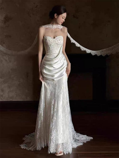 Strapless Shirred A-Line Lace Wedding Gown
