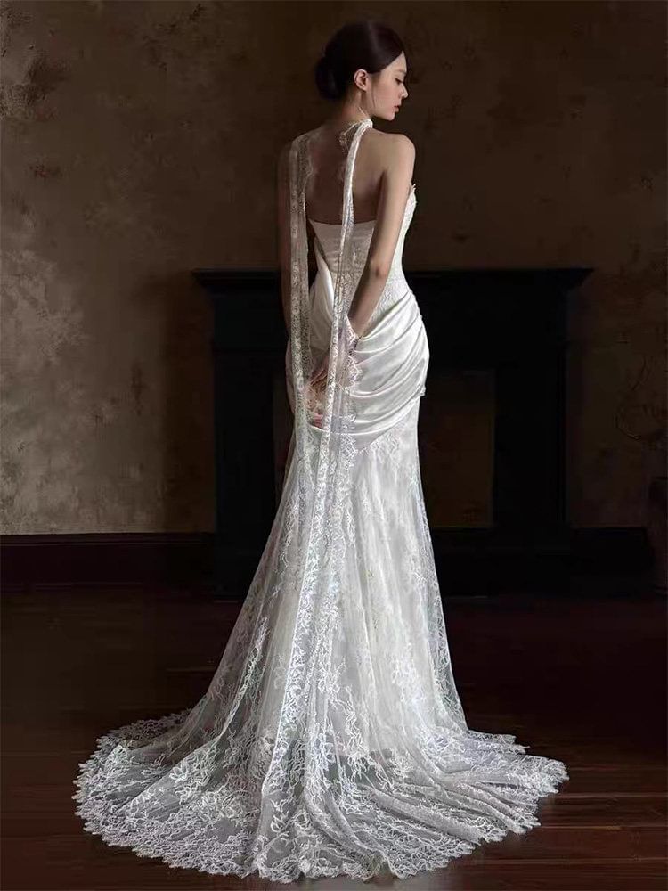 Strapless Shirred A-Line Lace Wedding Gown