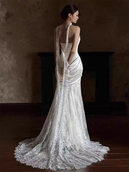Strapless Shirred A-Line Lace Wedding Gown