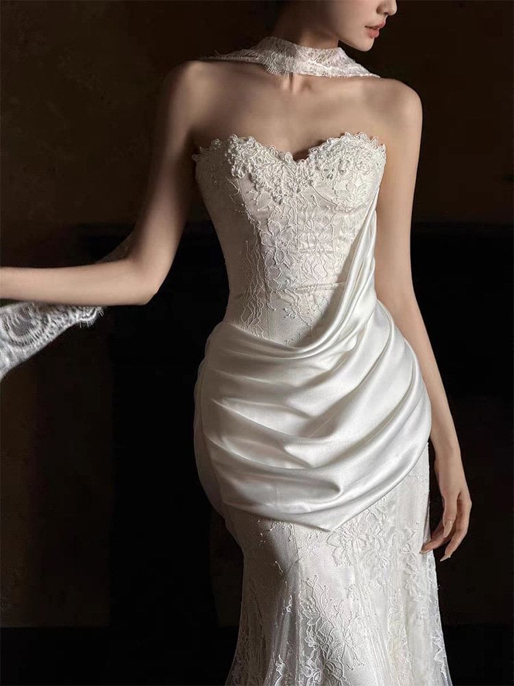 Strapless Shirred A-Line Lace Wedding Gown
